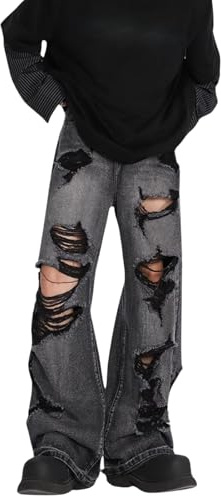 jupkem Baggy Jeans Y2k Ripped Jeans Herren Goth Wide Leg Fashion Distressed Jeans Hiphop Grunge Pants Harajuku Streetwear, Schwarz, Klein