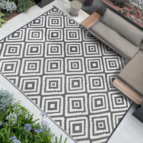 Famibay Tapis Exterieur Resistant Pluie 245x305cm Tapis Extérieur Réversible Résistant aux UV Plastique Gris Blanc Grand Tapis Terrasse Camping Jardin Balcon