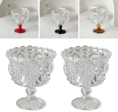 Boxonly Clear Crystal Dessert Goblet Set of 2 - Vintage Style 250ml Embossed Glass, 4.7x3.9 / 12cmx10cm Footed Cups for Ice Cream & Sweets
