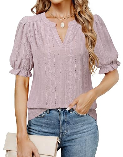 Cerrlop Damen Bluse Lässig Freizeit: Kurzarm Blusenshirt für Hochzeit - Lochstickerei Büro Arbeit Oberteil - Business Casual Outfit - Locker Longshirt