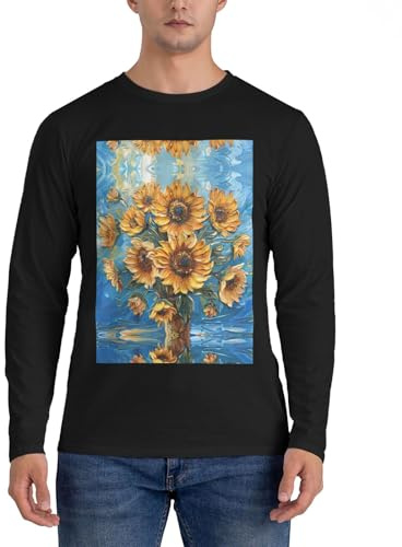 Peinture à l'huile Tournesol Imprimer Classique Hommes Chemises à Manches Longues Mordern Fitted Graphic Print Fashion T-shirts, Noir , L