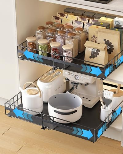 UMDONX 2 Stück Teleskopschublade Schubladen Organizer Erweiterbar Ausziehbare Aufbewahrungsregale mit Klebstoff für Küchenschränke Küchenschubladen Organizer zum Herausziehen(Schwarz)