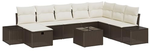 vidaXL Trädgårdsoffset med kudde 9 pcs Brun Poly rattan, Trädgård och terrass, modern, hållbar, modulär, lätt, UV-skyddad, rattan-soffa, utomhusmöbler set