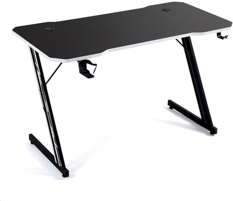 Mesa Gaming para Ordenador, 120 x 60 x 73 cm, Superficie de Carbono, Blanco, con Portavasos y Soporte para Auriculares