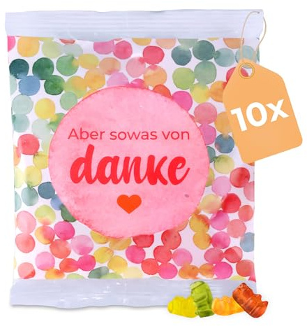 Fruchtgummi Bärchen 10er Pack à 50 g – Aber sowas von danke – leckere Trolli Gummibärchen-Tüten mit 10% Fruchtsaft – perfektes Dankeschön, Give-away, Gastgeschenk oder Mitgebsel für jeden Anlass