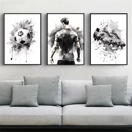Ueiwffzo 3er Fußball Poster Set, Schwarz und Weiß Fußball Kinderzimmer Wandbilder, Fussball Bilder Kinderzimmer Jungen Sport Wandbilder für Wanddeko, Ohne Rahmen (30x40cm)