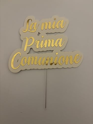 Cake Topper La mia Prima Comunione in cartoncino Bianco e Oro, Decorazione torta .Elegante Accessorio per Feste