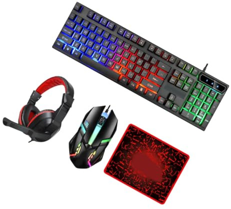 FIXOSHEE Combo Teclado y Ratón Gaming Cable Auriculares y Alfombrilla, Diseño Ergonómico y Luces LED para Juegos en PC