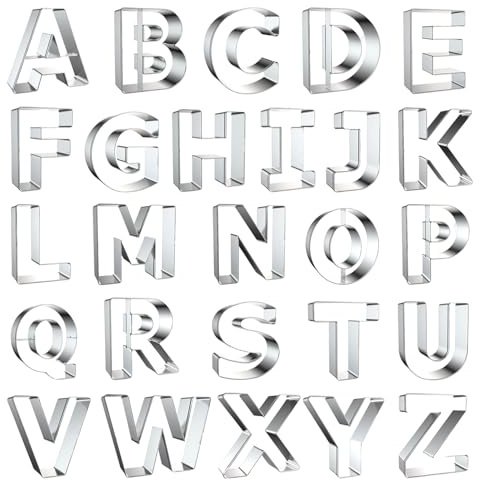 Alphabet-Ausstecher, 26 Edelstahl-Buchstaben-Ausstecher für Fondant, Kekse, Obst, Teig, Werkzeuge für Geburtstag, Weihnachten, Feiertage, Metall