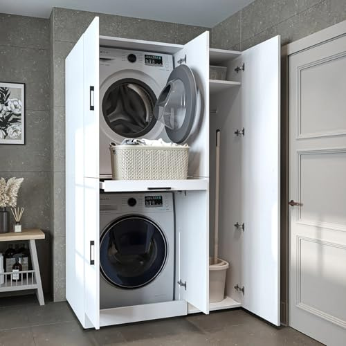 ROOMART Dora Cabinet Set for Dryer & Washing Machine, Premium 18mm Laminated Panels, 115cm (White, HWD: 186 x 115 x 68 cm)