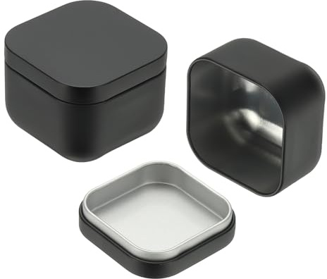 QUARKZMAN 2 Barattoli Quadrati In Latta Con Coperchio 5.6 x 5.6 x 4.3 cm Piccole Scatole Metalliche Per Conservare Foglie Di Tè Caramelle Caffè Spezie Regali Candele DIY Viaggio Colore Nero