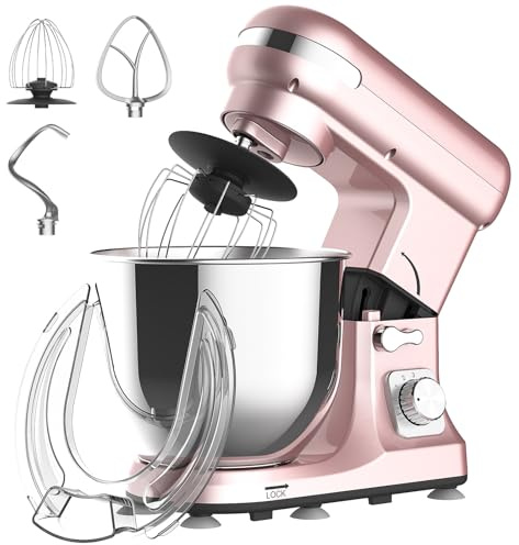 MoraRise 6.5L Stand Mixer, 1400W Food Mixer Dough Blender with Bowl, 6-Speed + Pulse, Dough Hook, Beater & Whisk, Tilt-Head Electric Cake Mixer for Baking with Splash Guard (Gold Rose, 6.5L)