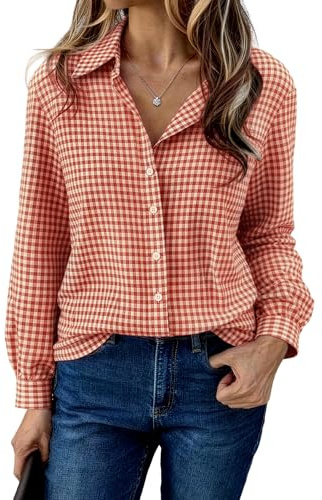 Aottori Camicie Donna Quadri Cotone Blusa Maniche Lunghe Scollo a V Button Down Camicie Casual Elegante Classica Country Camicetta Rosso XL