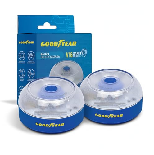 Goodyear - Baliza V16 Homologada DGT 3.0 – Luz de Emergencia Coche Conectada IoT, Geolocalización GPS, Base Magnética, Visibilidad 360°, IP54, Certificado LCOE (2 uds)