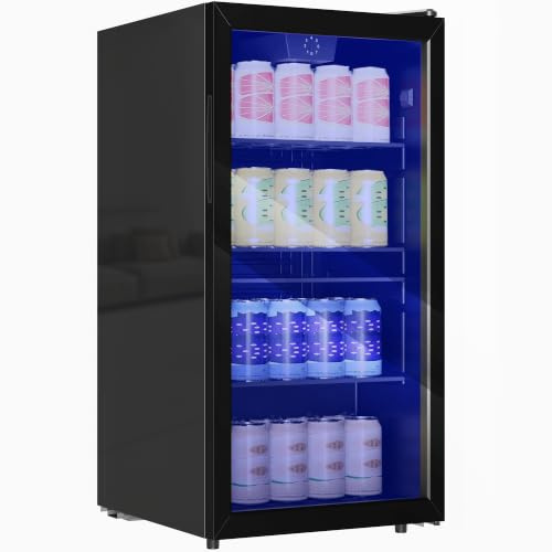 HOMCOM 93L Drinks Fridge, Under Counter Freestanding Beer Fridge 115 Can with Glass Door, Adjustable Shelves, LED Lighting, Temperature Control for Home Bar Beer Soda Drink, Black