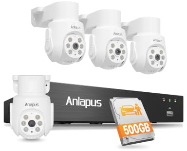 Anlapus 5MP CCTV Camera System, 8CH DVR with 500GB，4x 5MP Wired Cameras | 360°View Pan/Tilt, Human Vehicle Detection, IR Night Vision, Remote Access, 24/7 Surveillance Indoor Outdoor