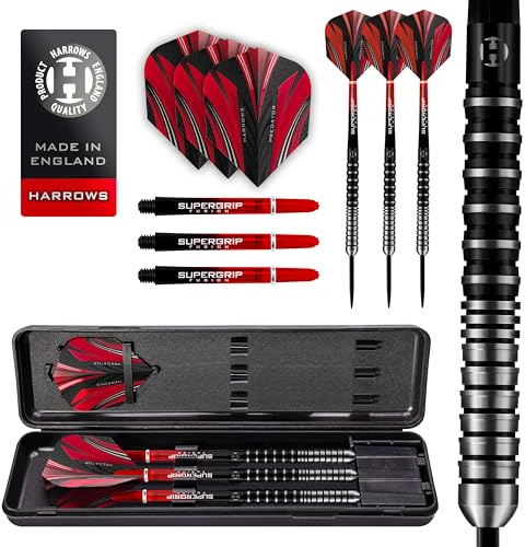 Harrows Predator 90% Wolfram-Dartpfeile in Schwarz und Silber | Darts-Set mit Stahlspitze | 21g, 22g, 23g, 24g, 25g & 26g | Enthält Supergrip Fusion Shafts und Predator Flights