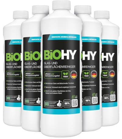 BiOHY Glas- und Oberflächenreiniger (6 x 1 Liter) | Glasreiniger Konzentrat für streifenfreien Glanz | ergiebiger Glas & Kunststoffreiniger | Fettlöser & Kalkreiniger | ideal für Fenster & Küche