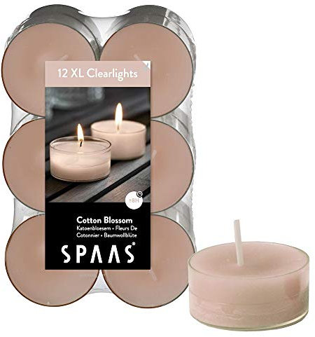 Spaas 12 Maxi Duftenden Clearlights, Teelichter mit durchsichtigem Halter, ± 8 Stunden-Cotton Blossom, Paraffinwachs, Beige, D 56 mm x H 21 mm, 0392155.473