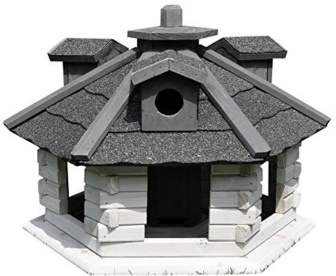 Melko Vogelhaus 6-eckig Garten Futterspender Weiß/Grau 48 x 33 cm Holz Futterhaus vorbehandelt Futterhäuschen Vogelvilla Bitumschindeln