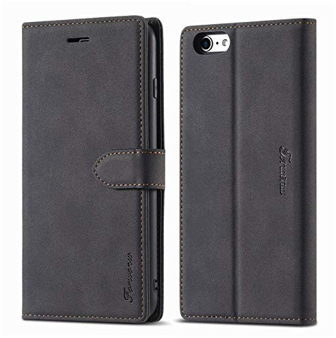 LOLFZ Hülle für iPhone 6, für iPhone 6S Handyhülle, Premium PU Leder Handyhülle mit Kartenfach Ständer Magnetische Schutzhülle Kompatibel mit iPhone 6/6S - Schwarz