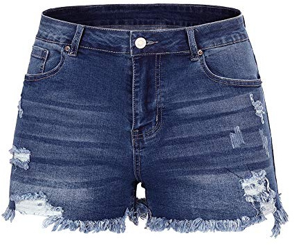 THUNDER STAR Women Mid Rise Ripped Stretchy Jeans Shorts Frayed Raw Hem Casual Denim Shorts Blue L