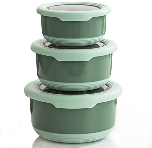 Lille Home Caja de almuerzo de acero inoxidable premium con exterior antideslizante, juego de 3, 420 ml, 730 ml, 1,2 L, a prueba de fugas, sin BPA, control de porciones (verde)