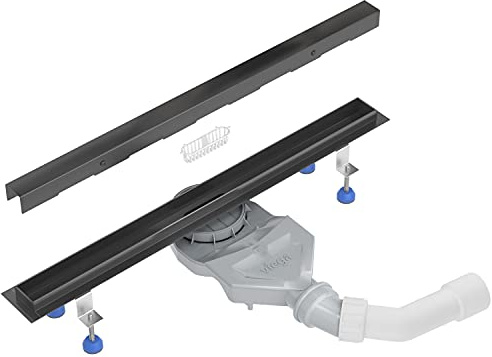 Aquabad Edelstahl Duschrinne - Slim Schwarz Matt, Länge 100 cm, Komplett Set inkl. Abdeckung Bord, Siphon und Haarsieb