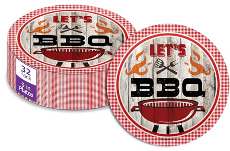 Birthday Galore Let's BBQ Red Gingham Party Supplies Tableware - Bar-B-Q Disposable Round Paper Plates - Summer Barbecue Picnic Plate - 32 Piece Large 9 Paper Plates
