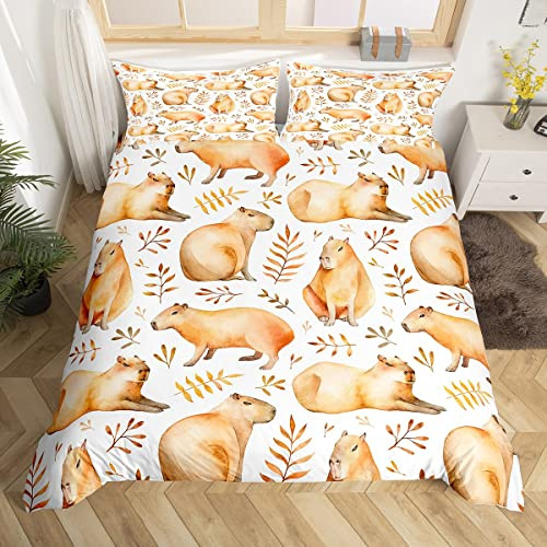 Homewish Housse de couette Capybaras pour enfants, adolescents et adultes, motif animaux amusants, décoration d'intérieur, housse de couette à motif de feuilles botaniques aquarelles pour lit double