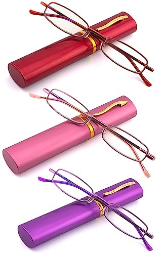 SOPHILY 3 Pack Slim Pocket Reading Glasses for Men Women Blue Light Blocking Compact Readers Spring Hinge Metal Frame, Red Pink Purple Eyeglasses with Portable Pen Clip Tube Case, 4.00