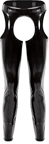 iiniim Homme Wetlook Pantalon en Cuir Verni Ouvert Entrejambe Fesse Sexy Erotique Leggings Creux Vêtement De Nuit Clubwear M-4XL Noir A L