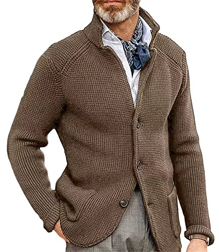 Cardigan en Tricot Gaufré De Couleur Unie pour Hommes Veste Blazer DéContractéE à Poches BoutonnéEs Manteau Pull-Over Slim Automne-Hiver (Kaki,XL)