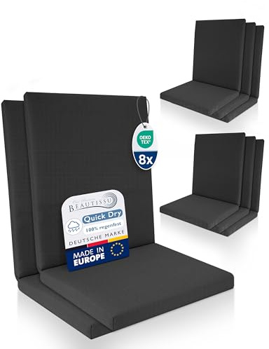 Beautissu 8er Set Premium Niedriglehner Auflage 100% Wasserdicht Sitzkissen | 100x50cm Anthrazit Gartenstuhl bequem pflegeleicht waschbar Polsterauflage Gartenmöbel Stuhlauflage UV-beständig Garten QD-NL