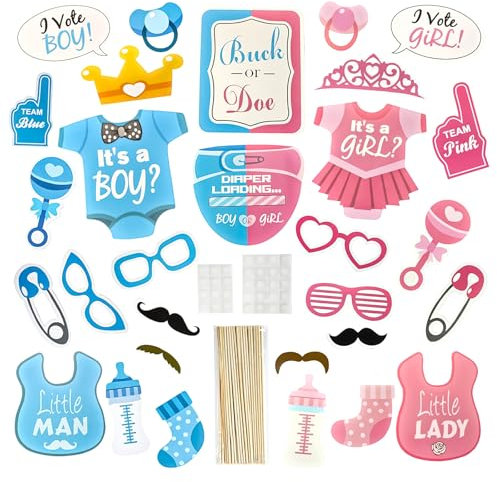 Baby Shower Photo Booth Puntelli,Gender Reveal Party Boy o Girl,Accessori Decorazioni Foto Booth Prop,Decorazioni per Baby Shower Unisex,Votazioni Divertenti, Maschere a Tema Confezione da 30 Pezzi