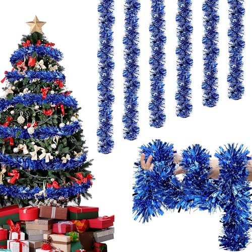 CLHXWU 6Pcs 12m Guirnalda de Oropel de Navidad,Espumillon Oro Guirnaldas Navidad,Oropel Arbol Navidad para Árbol de Navidad Fiesta Boda Cumpleaños (Azul)