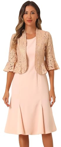 Allegra K Donna Set di Abiti da 2 Pezzi per Abito Midi in Pizzo Lucido A Maniche Lunghe Corto Coprispalle Senza Maniche per Festa di Nozze Rosa L