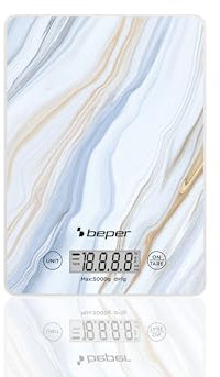 BEPER P102BIL001 Balanza de cocina digital, Plato de vidrio templado, Balanza de cocina, Pantalla LCD y botones táctiles, Función de tara, Capacidad máxima 5kg, Desconexión automática, Diseño mármol