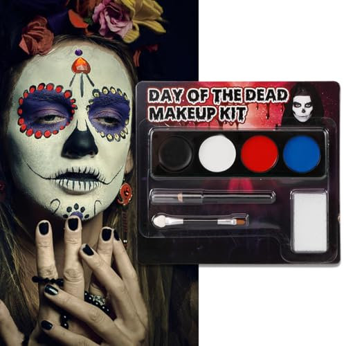Kit de Peinture Faciale 4 Couleurs, Blanc + Noir + Rouge + Bleu, Maquillage Corps pour Halloween SFX, Palette Avec Pinceaux pour Crâne Clown Art Théâtre (02)