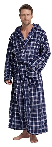FG FEAYIGUDIM Cozy Plush Fleece Robe for Men, Big and Tall Hooded Long Robe, Warm Loungewear, Shawl Collar Pocketed Bathrobe(Navyk&White, XXXL)