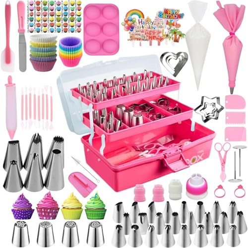 Tingjia Cake Decorating Tools Supplies Kit: 274pcs Baking Accessories with Storage Case - Piping Bags and Icing Tips Set - Cupcake Cookie Frosting Fondant Bakery Set for Adults Beginners(pink)