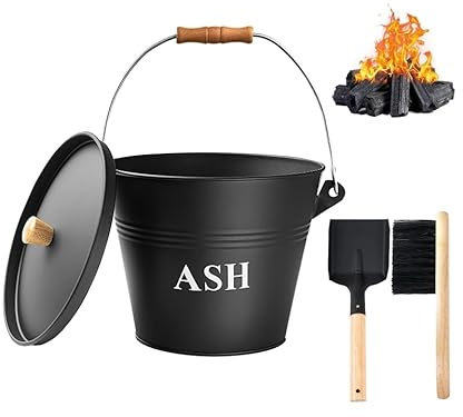 Secchio per cenere con pala e scopa a mano, secchio in metallo da 5 litri con base rinforzata e posacenere, braciere, stufa a legna per camino, set di attrezzi in ferro zincato