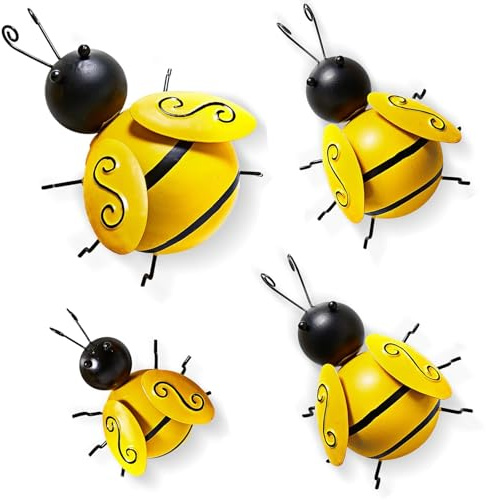 WEIWUXIAN 4 Stücke Metall Bienen Dekorationen, 3D-Bienen-Wanddekoration, Hummel Gartendekoration aus Metall, Insekten Home Dekorationen, Hofzaun-Skulptur, für Garten Rasen Wohnkultur Indoor Outdoor