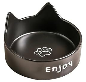 XINCHANG Ciotole in ceramica per animali domestici, senza fuoriuscite, set di ciotole per cibo e acqua per cani con supporto in legno antiscivolo (ciotola singola con orecchie di gatto nere)
