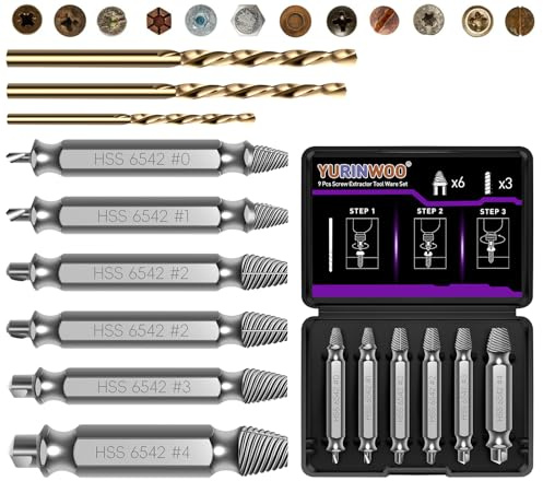 Juego de extractores de tornillos fabricados en HSS 6542, juego de 9 unidades profesional con 3 brocas en espiral, extractor de tornillos, herramienta de extracción, broca izquierda para quitar