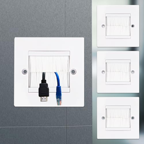 KYYGKY 3 Pack Brush Wall Plate Cable Passthrough Wall Outlet Single Gang Brush Panel Walls Mounted Brushes Faceplate Standard White Wallplate with White Brushes, Cable Pass Through Insert for Wires