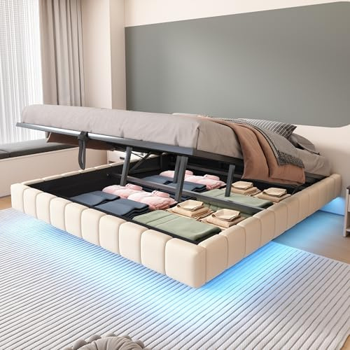 Dolamaní Doppelbett Polsterbett 180x200 cm ohne Kopfteil, Bett Schwebebettrahmen mit Stauraum, Hydraulischer Stauraumbett mit LED-Bleuchtung, Leinenstoff, Tragfähigkeit 250 kg (Beige)