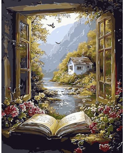DAERLE Pintura por Números para Adultos, Flores en el alféizar de la ventana, Kit de Pintura al óleo de Lienzo para con Pinceles, DIY Pintura por Números Para Decoración Del Hogar, Sin Marco 30x40 cm