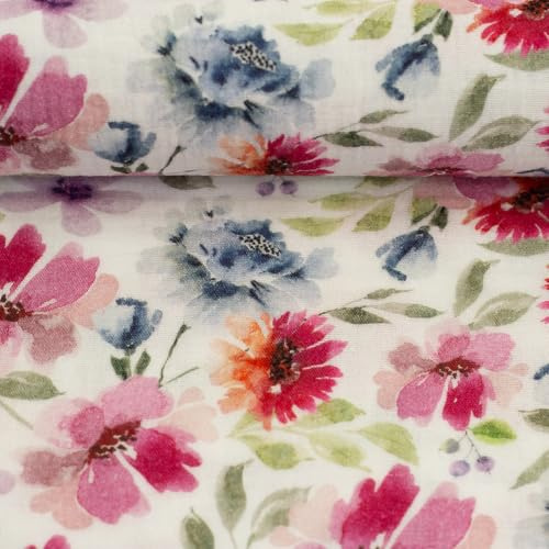 Musselinstoff Musselin Double Gauze THEA Meterware ab 50cm Kindermotive florale Motive (Blumen, pink/blau/weiß)