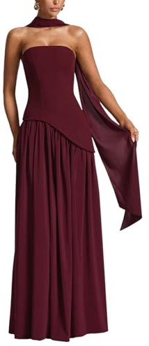 ORANDESIGNE Vestito Donna Estivo Vestiti Senza Spalline Maxi Abito Elegante Cerimonia Abiti Curvy Lunghi Tubino con Spacco e Sciarpa A Borgogna M